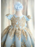 Gold Lace Sky Blue Tulle Fancy Flower Girl Dress